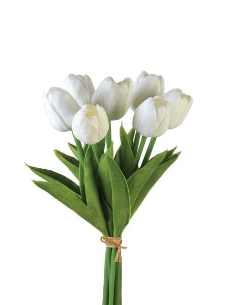 Bouquet of white tulips with green leaves on a white background