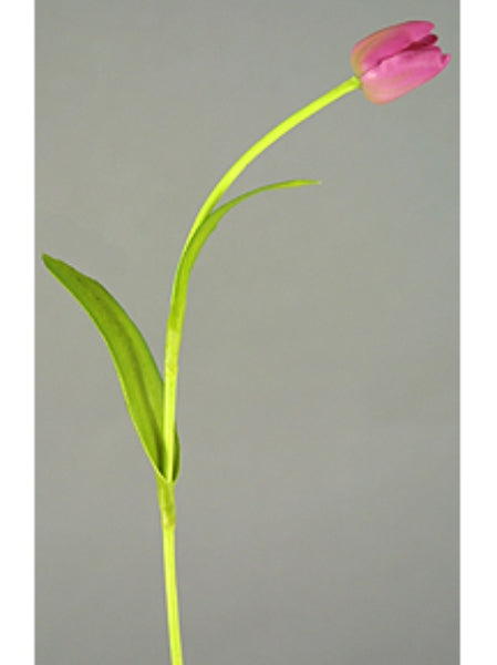 Artificial pink tulip with green stem on a gray background