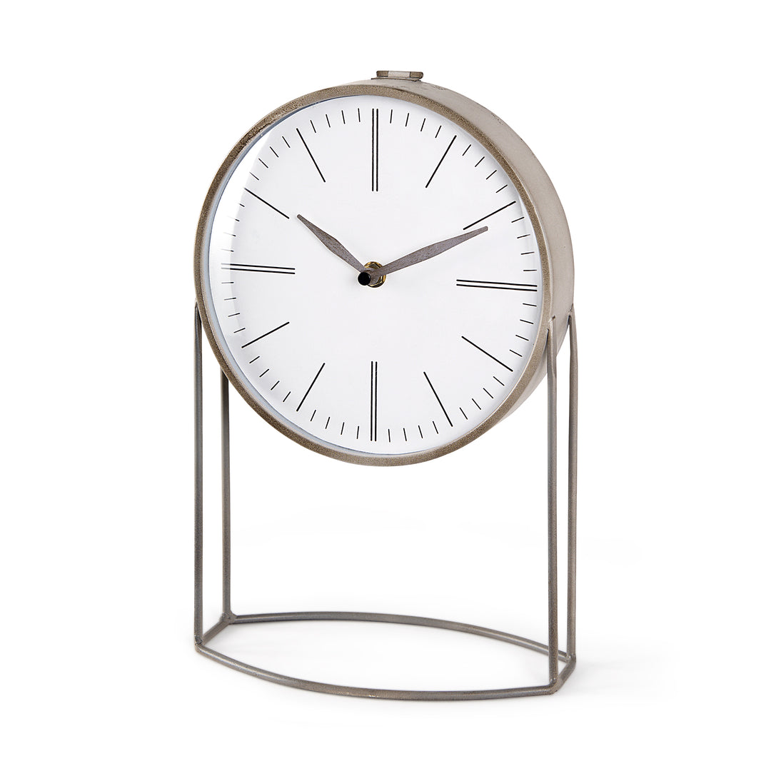 Table clock with white face and metallic frame 
