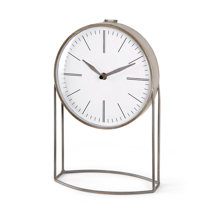 Table clock with white face and metallic frame 
