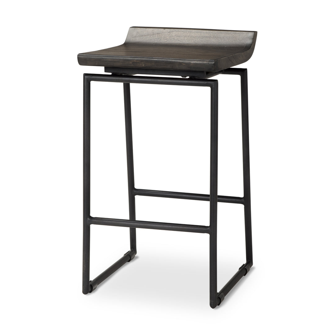 Bar stool with wooden seat and black metal frame