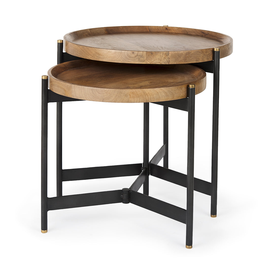 Set of two round wooden nesting tables with black metal stands 