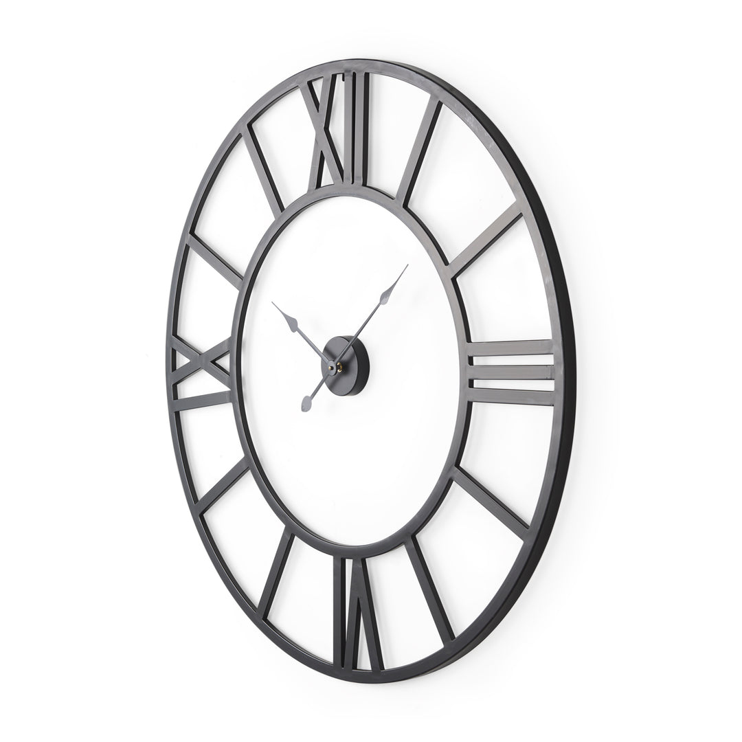 Large black metal wall clock with Roman numeral design 