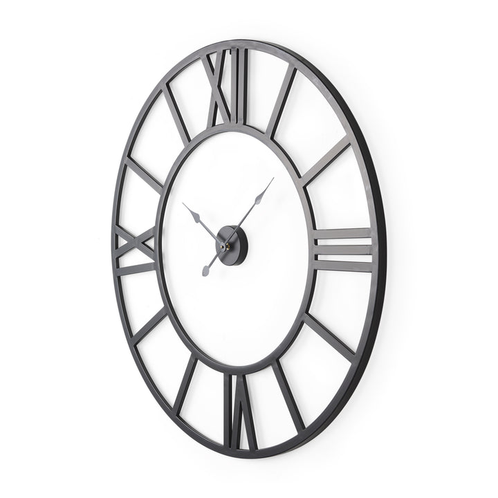 Large black metal wall clock with Roman numeral design 