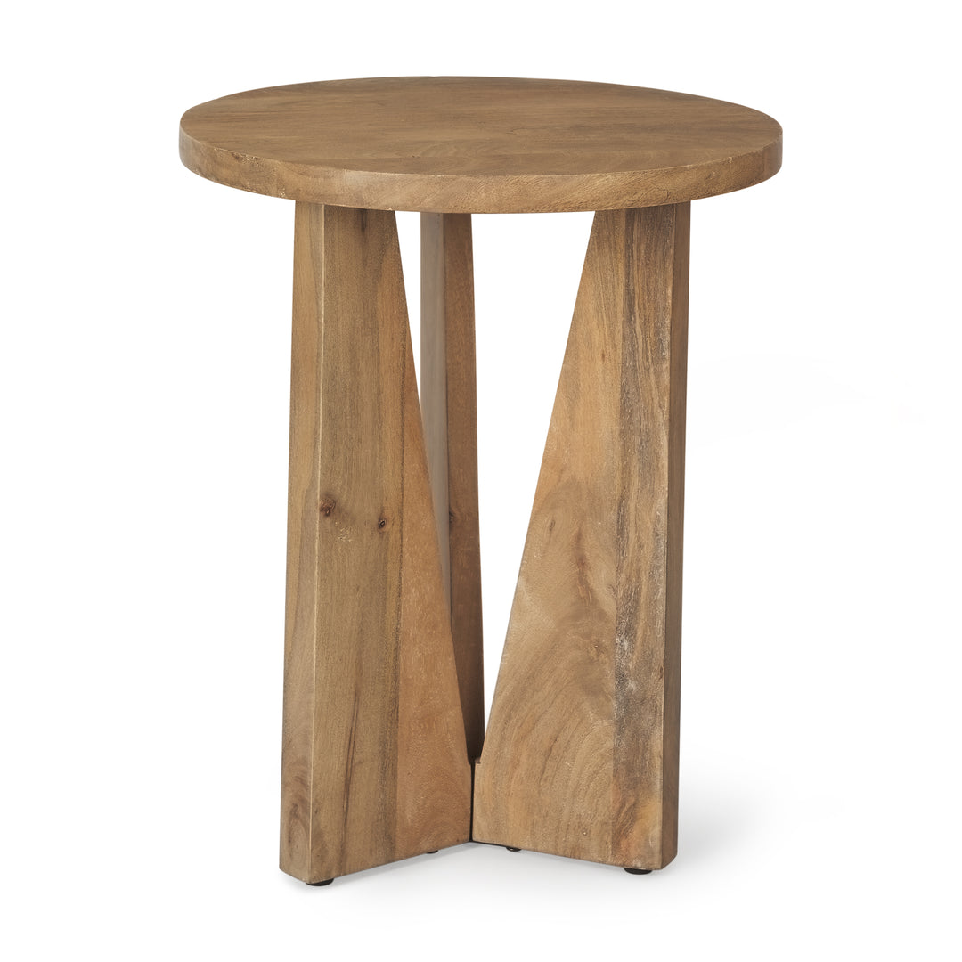 Wooden accent table with a round top and three angled legs