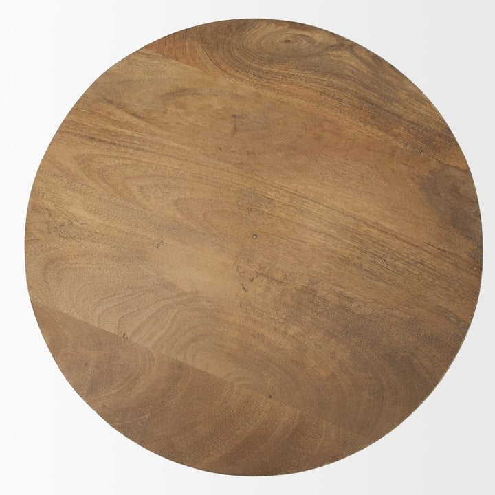 Wooden accent table with a round top and three angled legs