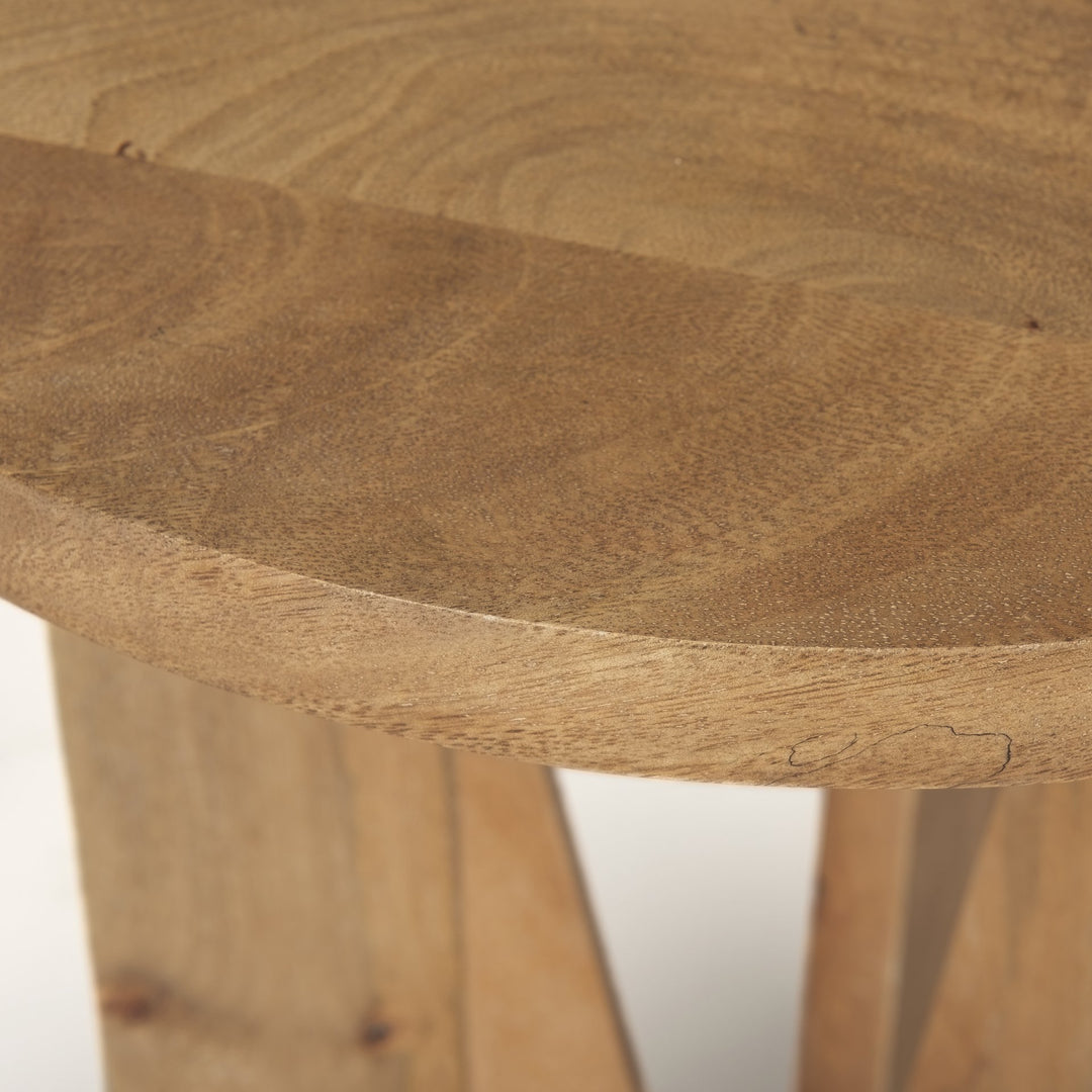 Close-up of a wooden table with a light brown finish on a white background