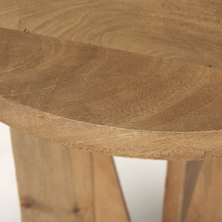 Close-up of a wooden table with a light brown finish on a white background