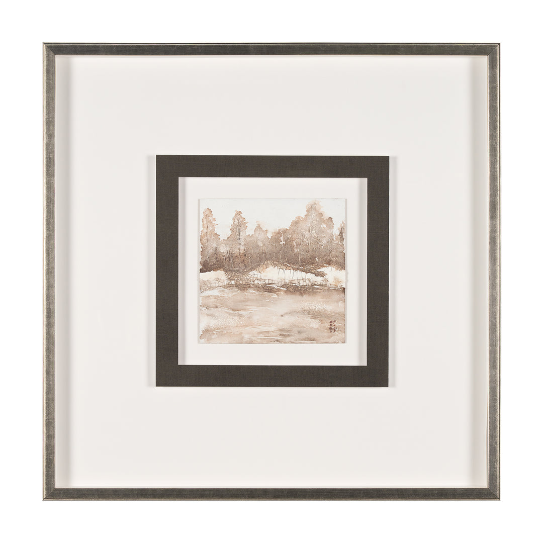 Framed artwork of a landscape with trees and water on a white background
