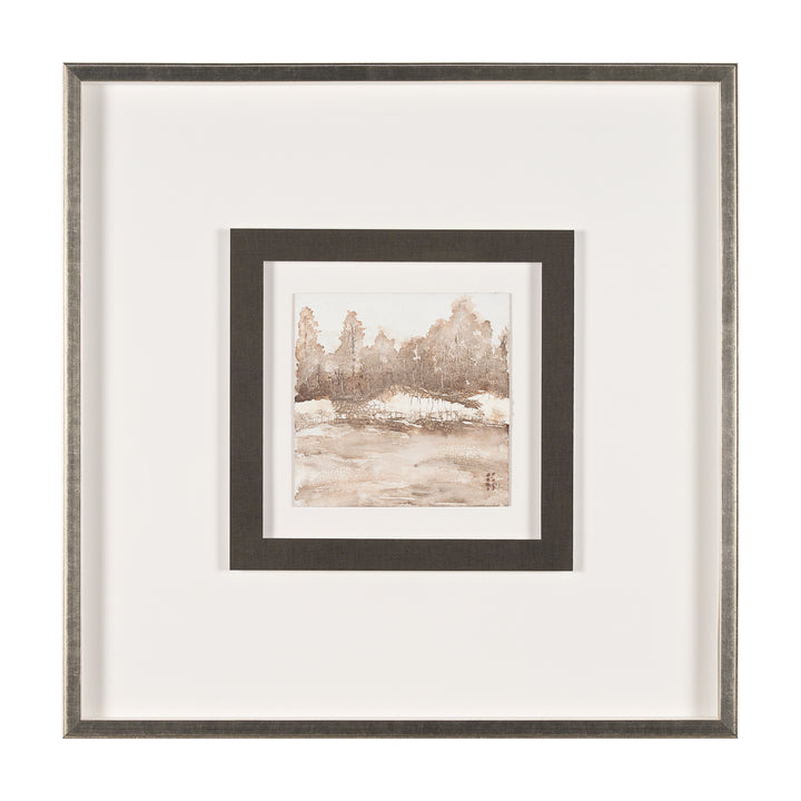 Framed artwork of a landscape with trees and water on a white background