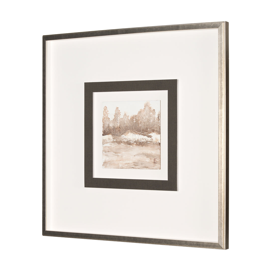 Framed artwork with a landscape scene on a white background