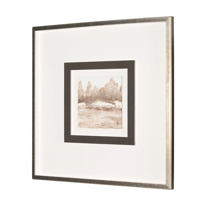 Framed artwork with a landscape scene on a white background