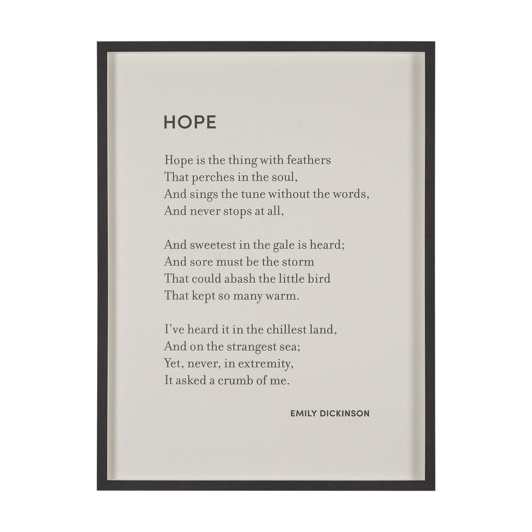 Framed print with Emily Dickinson's poem 'Hope' on a light background