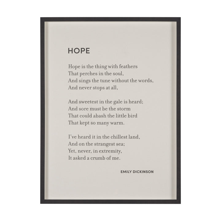 Framed print with Emily Dickinson's poem 'Hope' on a light background