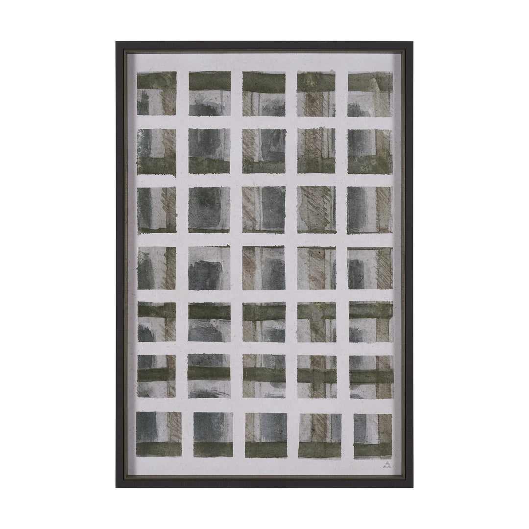 Framed abstract art with geometric pattern on a white background