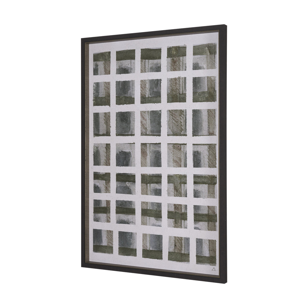 Framed abstract art piece with a grid pattern on a white background