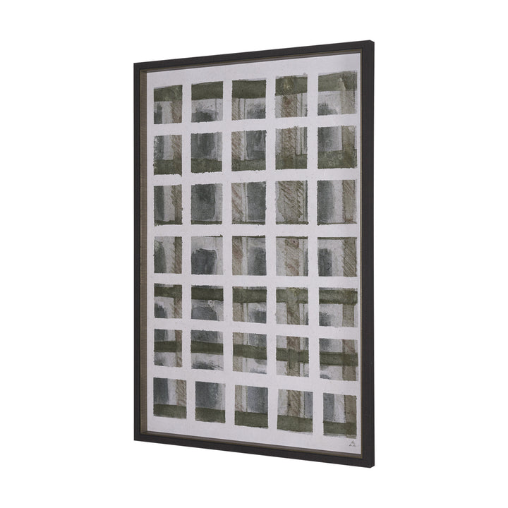 Framed abstract art piece with a grid pattern on a white background