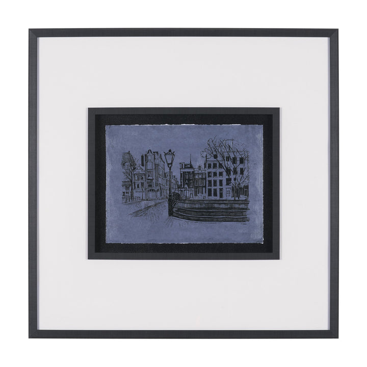 Framed artwork of a cityscape on a blue background