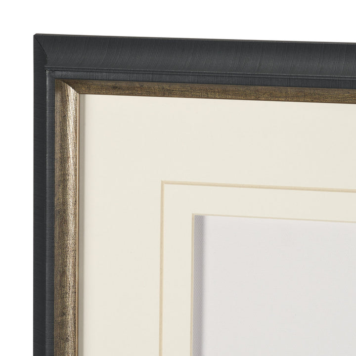 Close-up of a black picture frame with a white mat and white border.