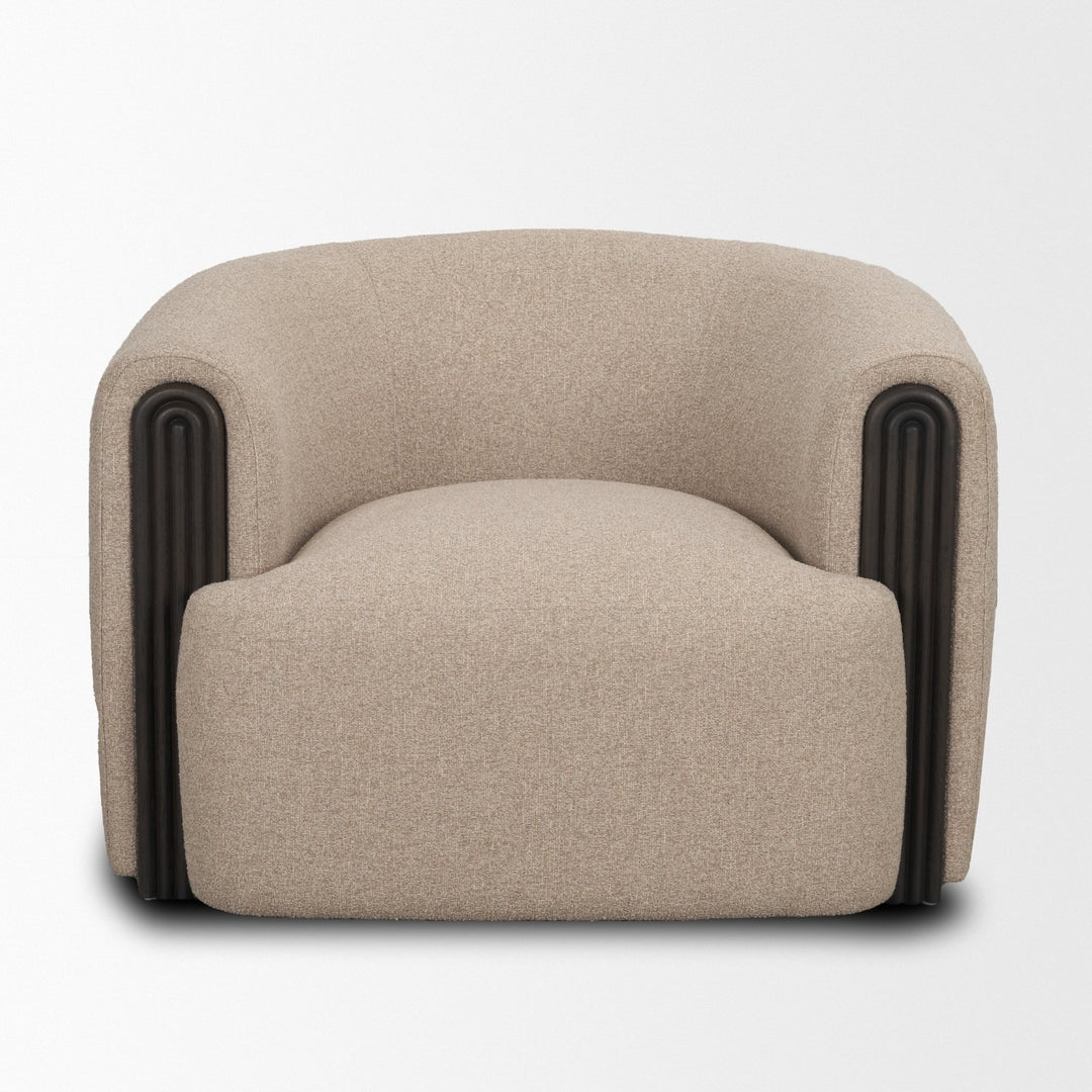 textured mushroom gray fabric and espresso brown wood accents armchair