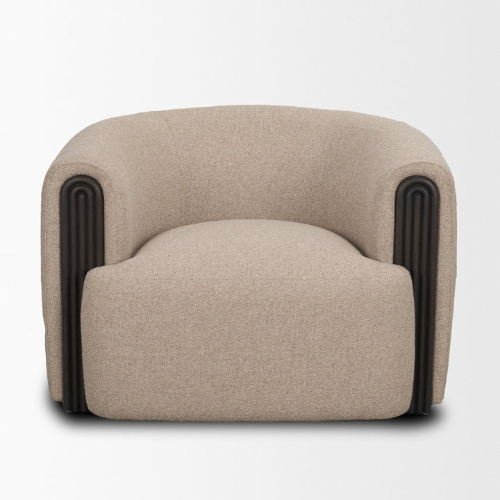 textured mushroom gray fabric and espresso brown wood accents armchair
