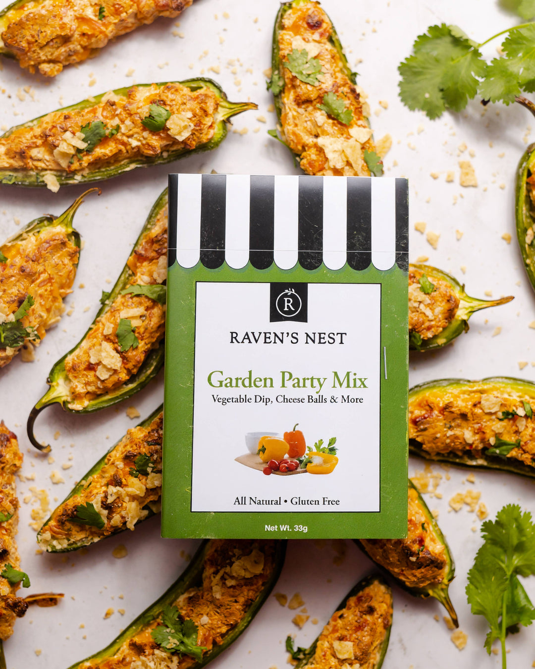 Raven's Nest Garden Party Mix packaging with jalapeño poppers on a white background