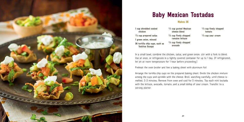 Baby Mexican Tostadas on a plate with a recipe card next to it.
