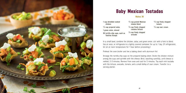 Baby Mexican Tostadas on a plate with a recipe card next to it.