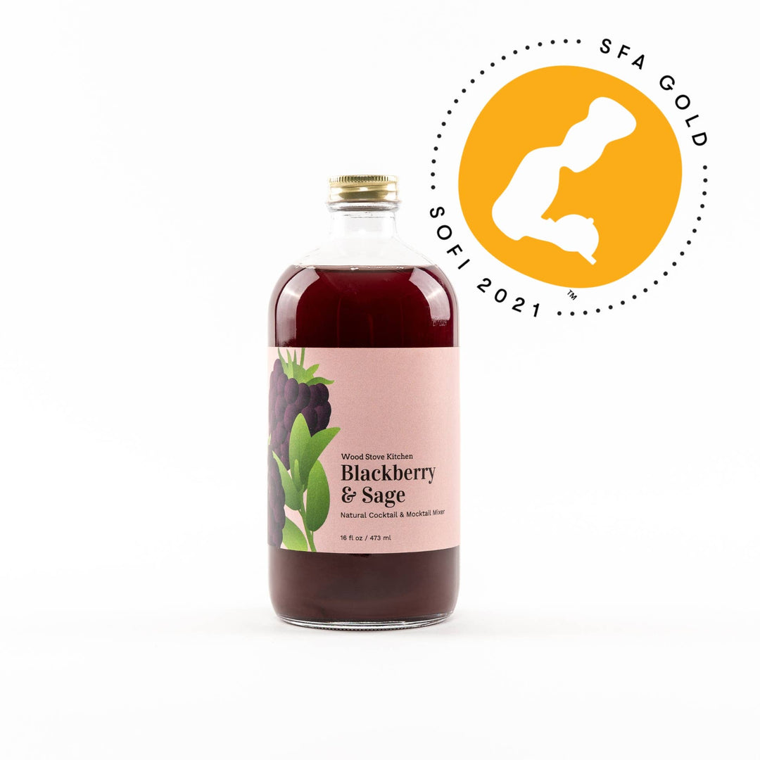 Bottle of Blackberry & Sage syrup with a gold medal award logo on a white background