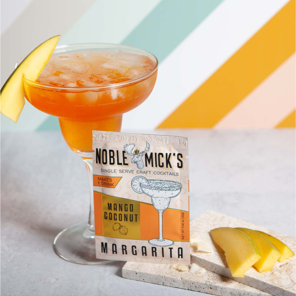Margarita with a 'Noble Mick's' cocktail package on a colorful striped background