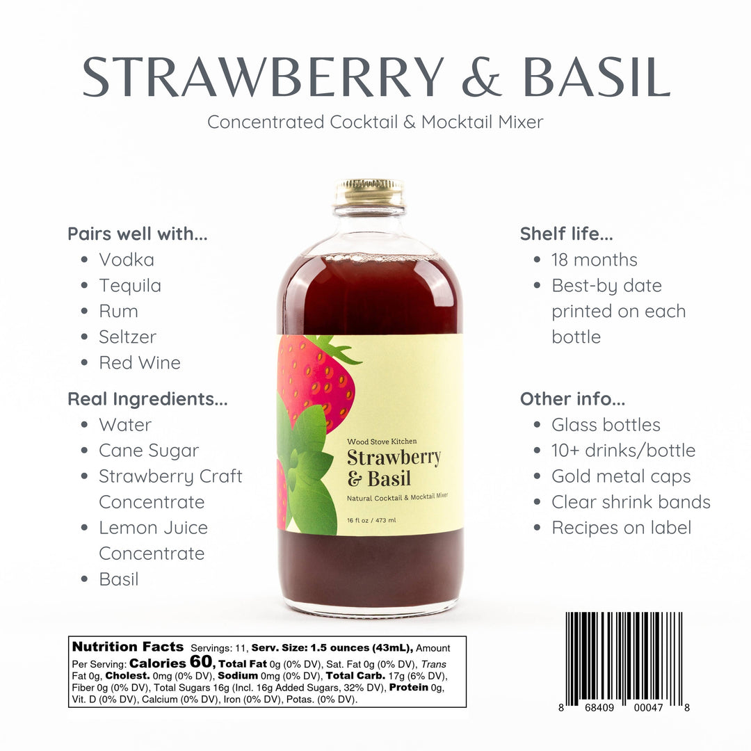 Strawberry & Basil concentrated cocktail mixer label with bottle image and text details.