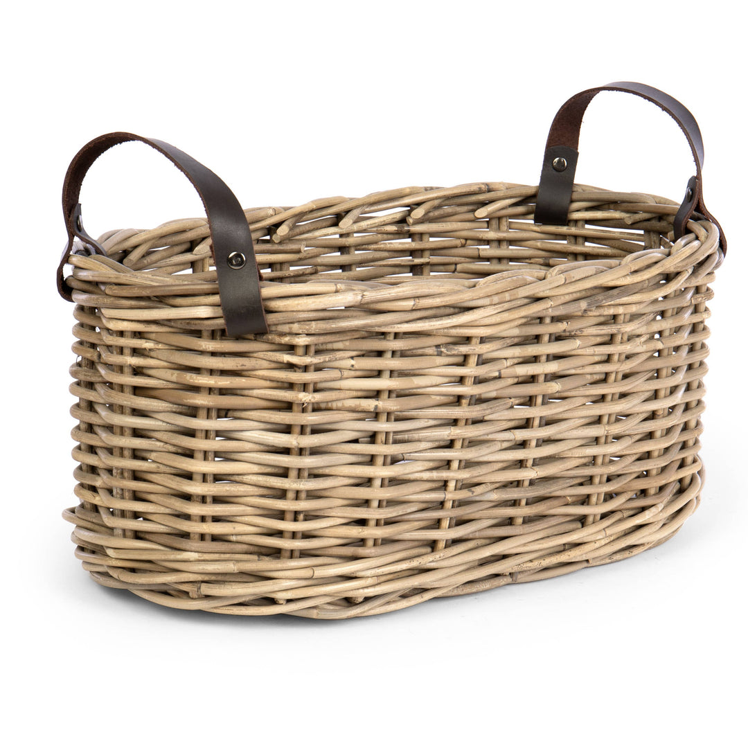 Oval Rattan Basket with Leather Handles