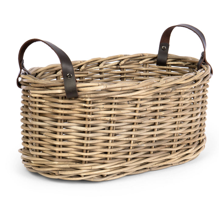 Oval Rattan Basket with Leather Handles