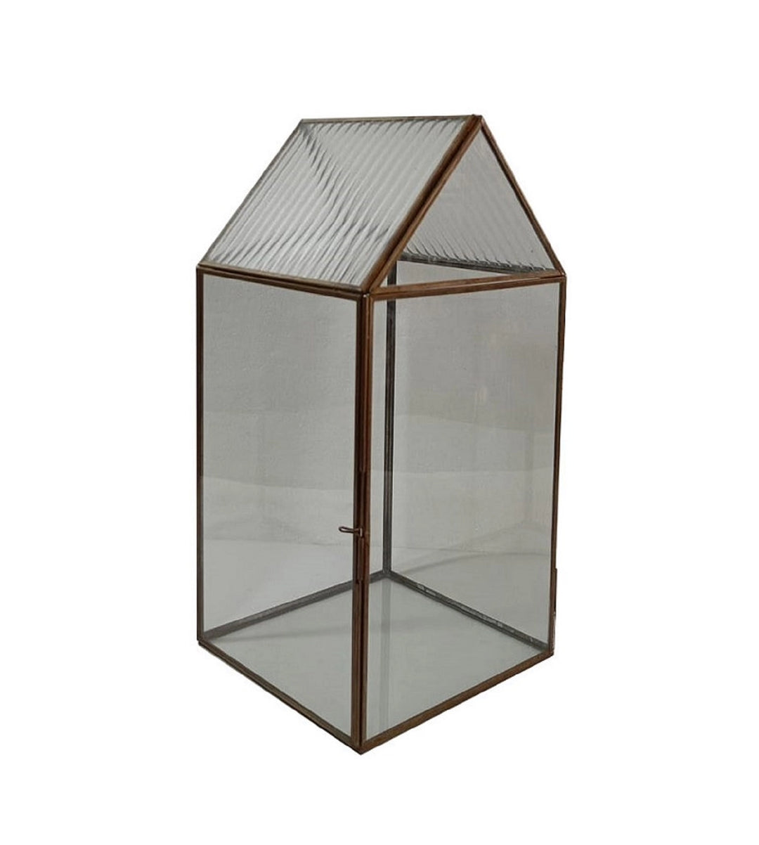 Glass terrarium with a metallic frame on a white background