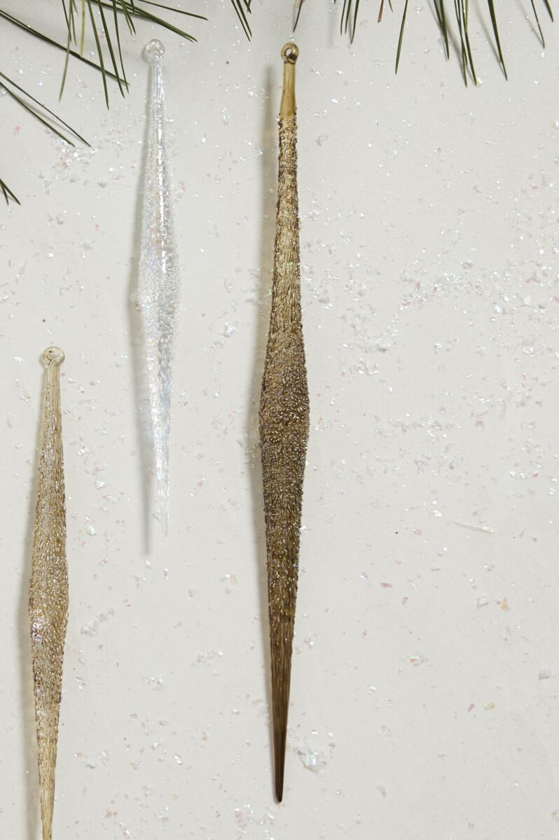 close up of icicle ornaments 
