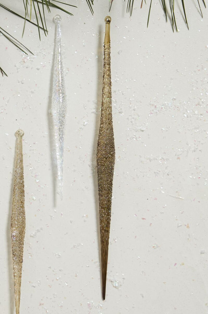 close up of icicle ornaments 