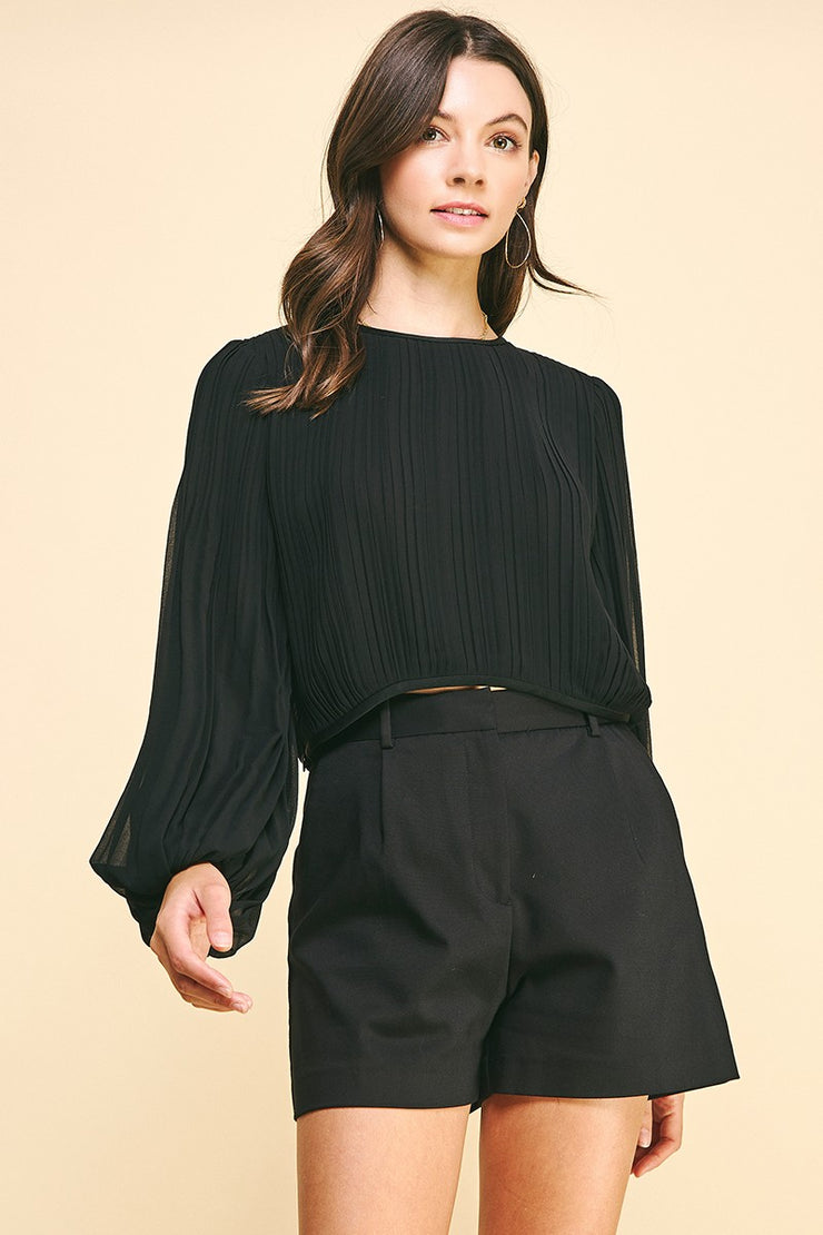 Black Crop Pleated Woven Top