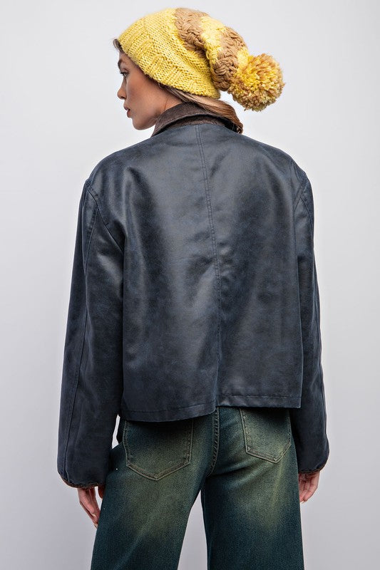 Faded Navy Faux Leather Jacket
