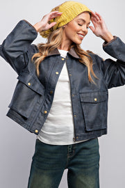 Faded Navy Faux Leather Jacket