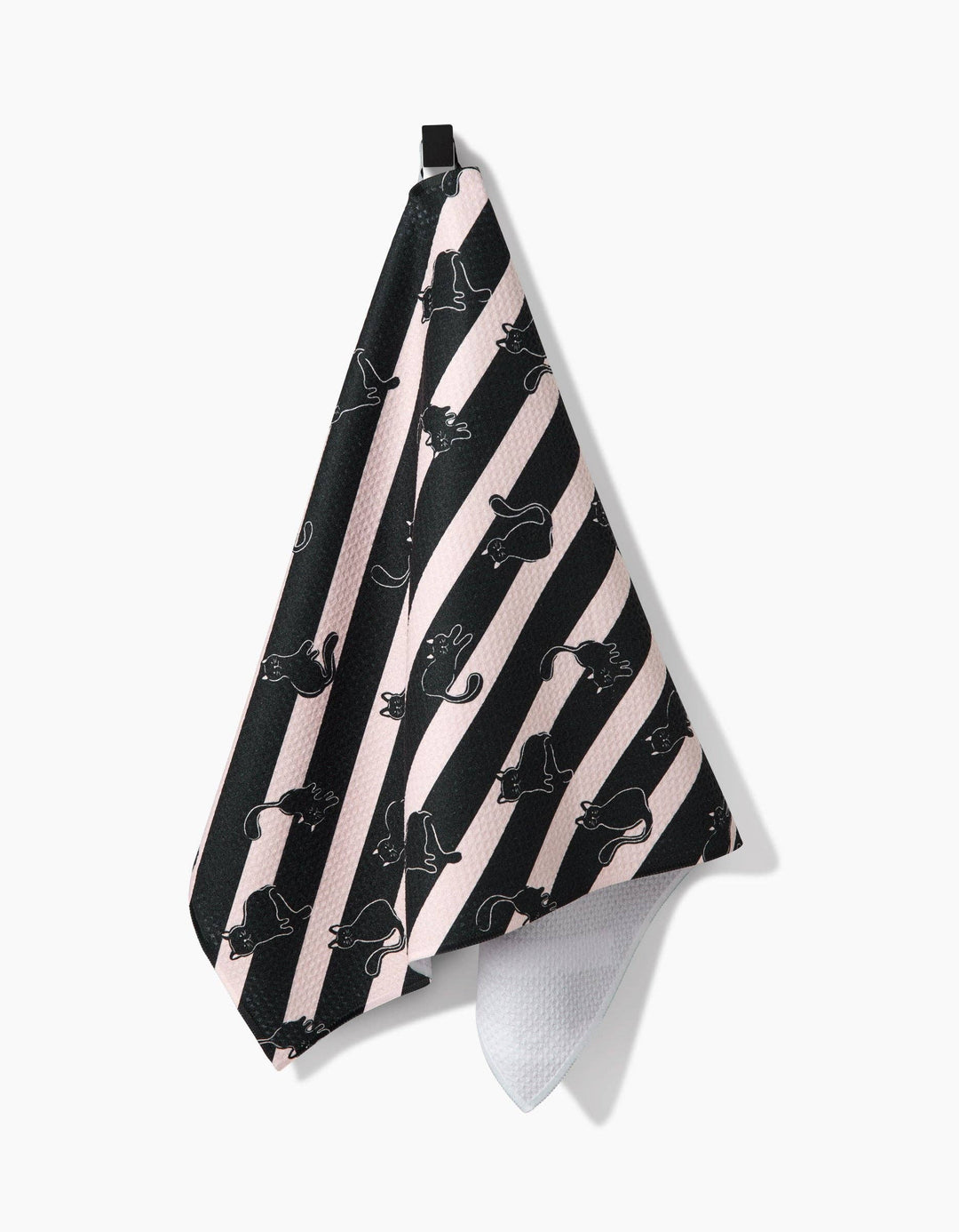 hanging towel with black cat pattern on diagonal striped background