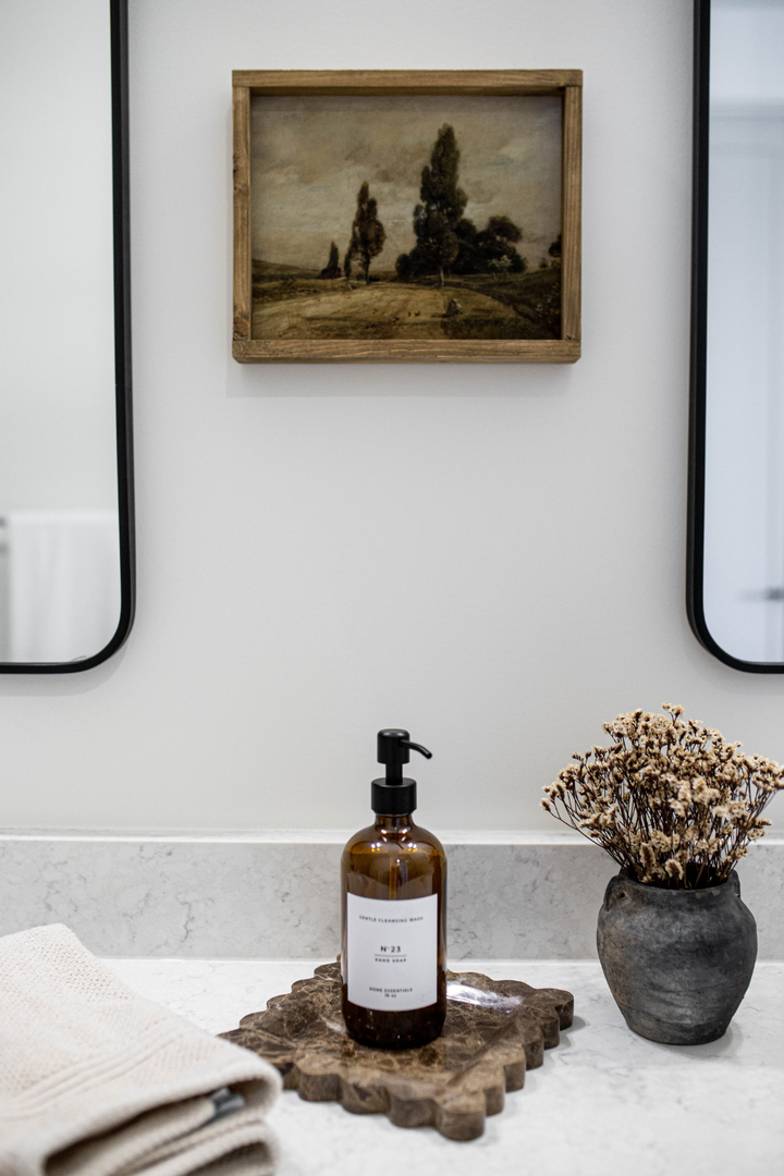 Bathroom counter with soap dispenser, towel, and decorative elements.