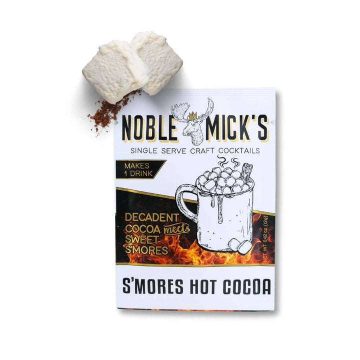 Noble Mick's S'mores Hot Cocoa package with marshmallows and cocoa powder on a white background