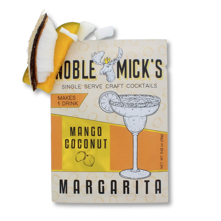 Noble Mick's Mango Coconut Margarita cocktail package on a white background