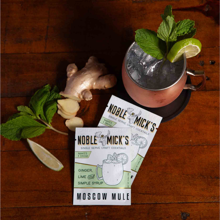 Moscow Mule cocktail with ginger, lime, and 'Noble Mick's' cocktail packets
