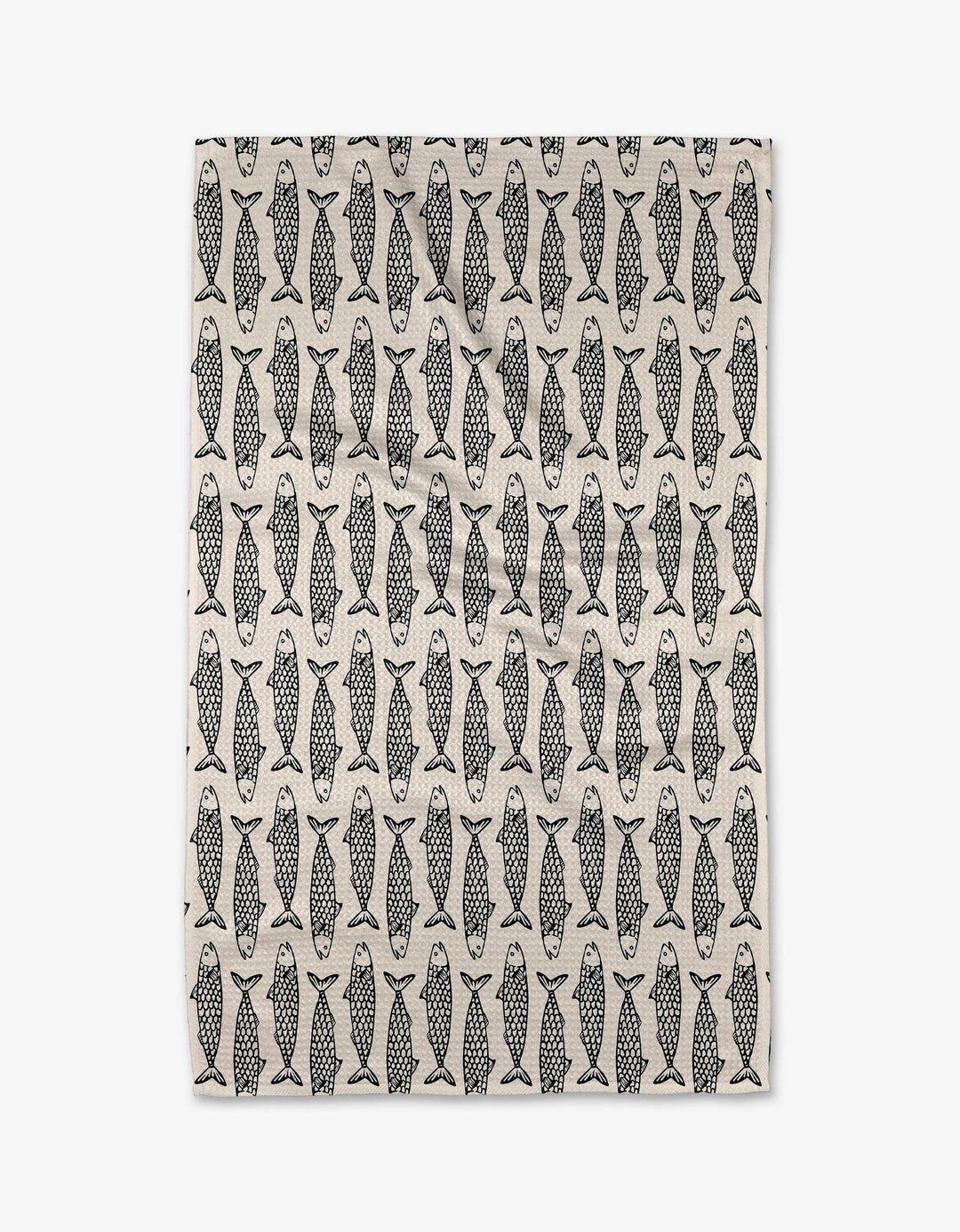 Tea towel with black fish pattern on a white background