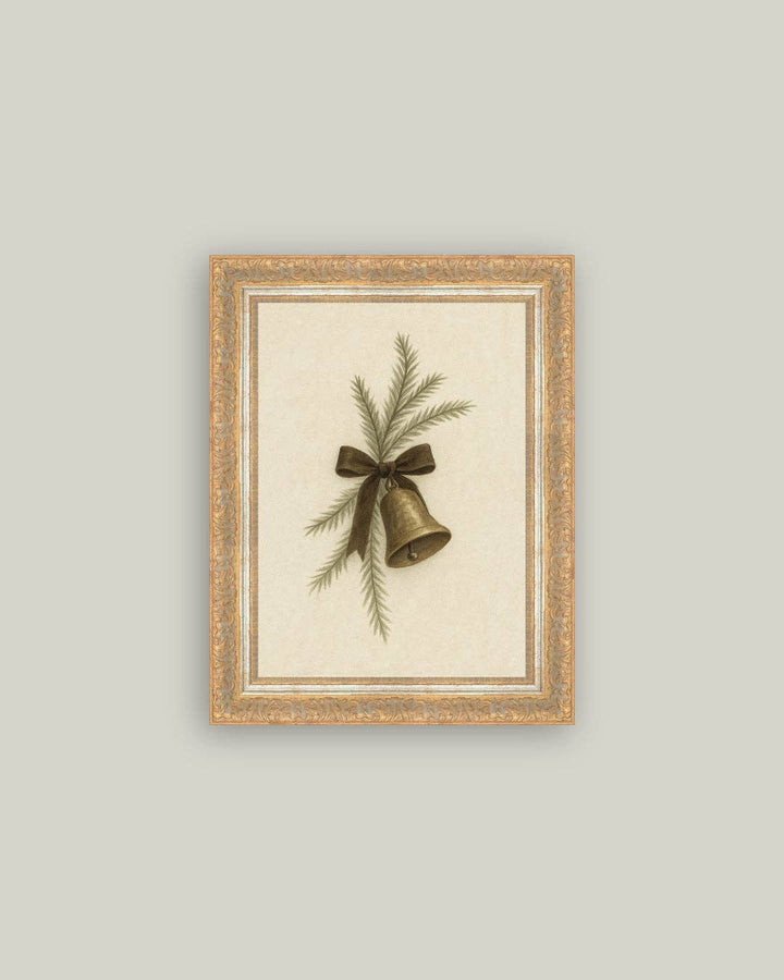 Bell with Pine Framed Antique Art: 10x12