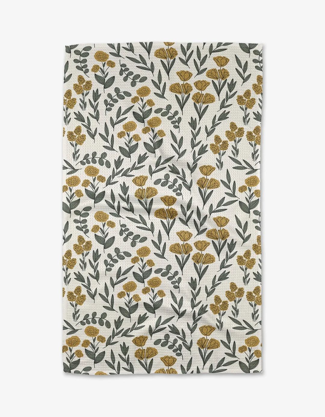 Kitchen tea towel with green leaves and yellow flowers