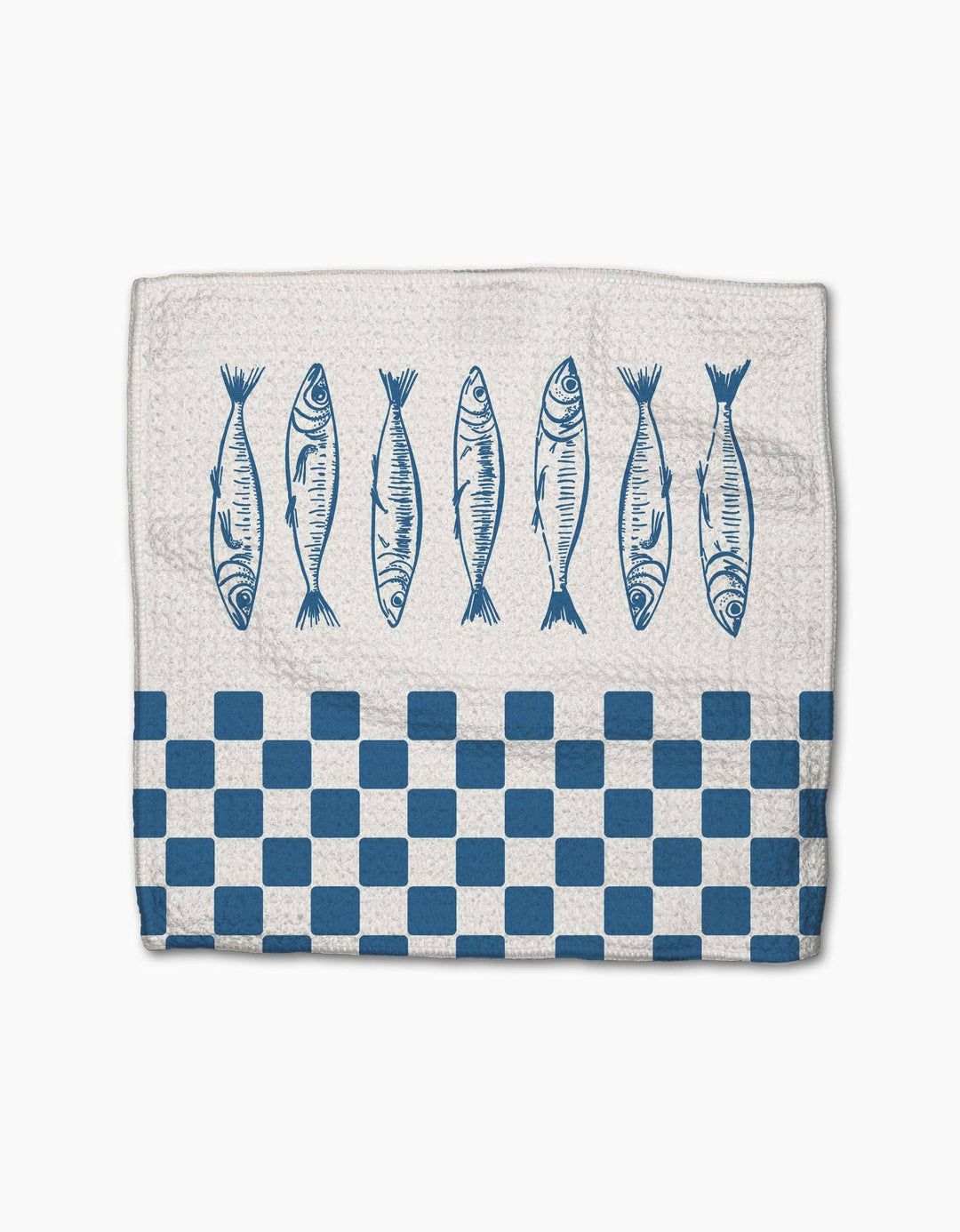 geometry dish cloth fish design and blue checkered pattern on a white background