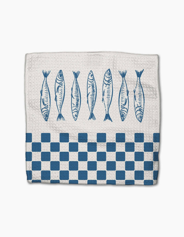 geometry dish cloth fish design and blue checkered pattern on a white background