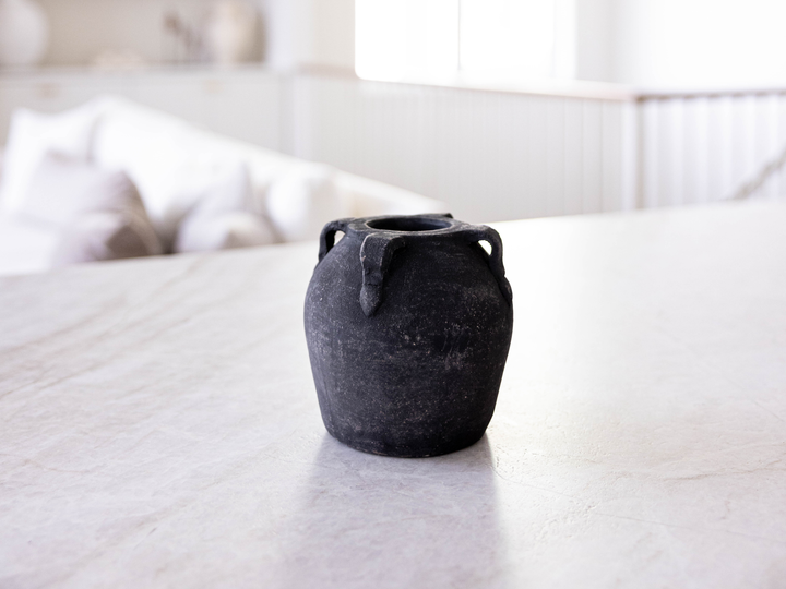 black washed terracotta vase with handles